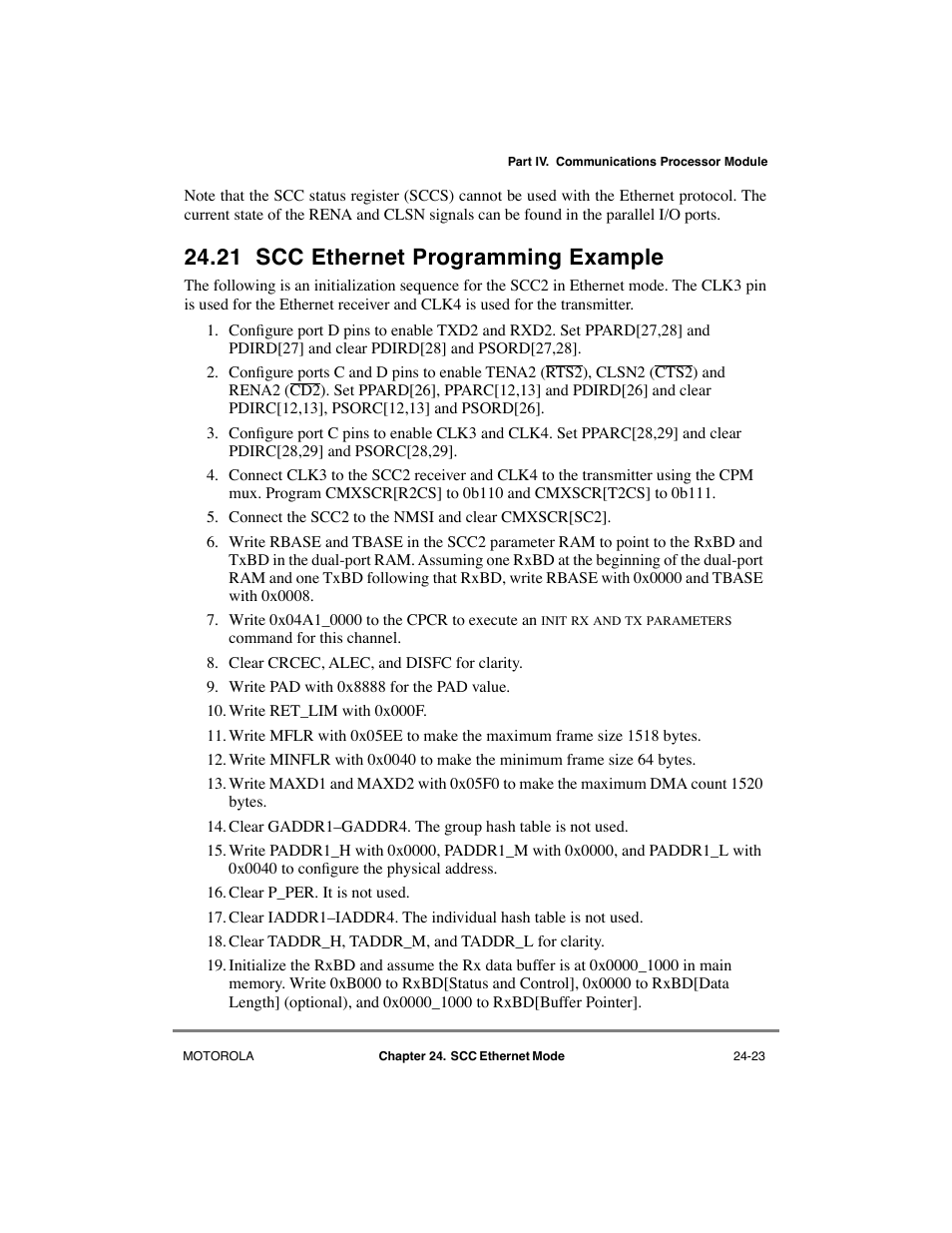 21 scc ethernet programming example, Scc ethernet programming example -23 | Motorola MPC8260 User Manual | Page 691 / 1006