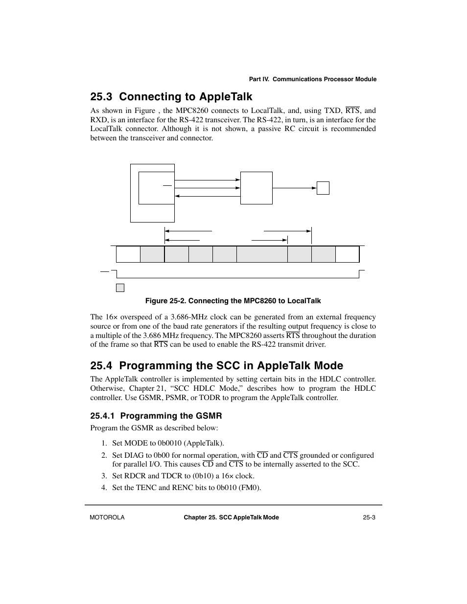 3 connecting to appletalk, 4 programming the scc in appletalk mode, 1 programming the gsmr | Connecting to appletalk -3, Programming the scc in appletalk mode -3, Programming the gsmr -3, Connecting the mpc8260 to localtalk -3 | Motorola MPC8260 User Manual | Page 695 / 1006