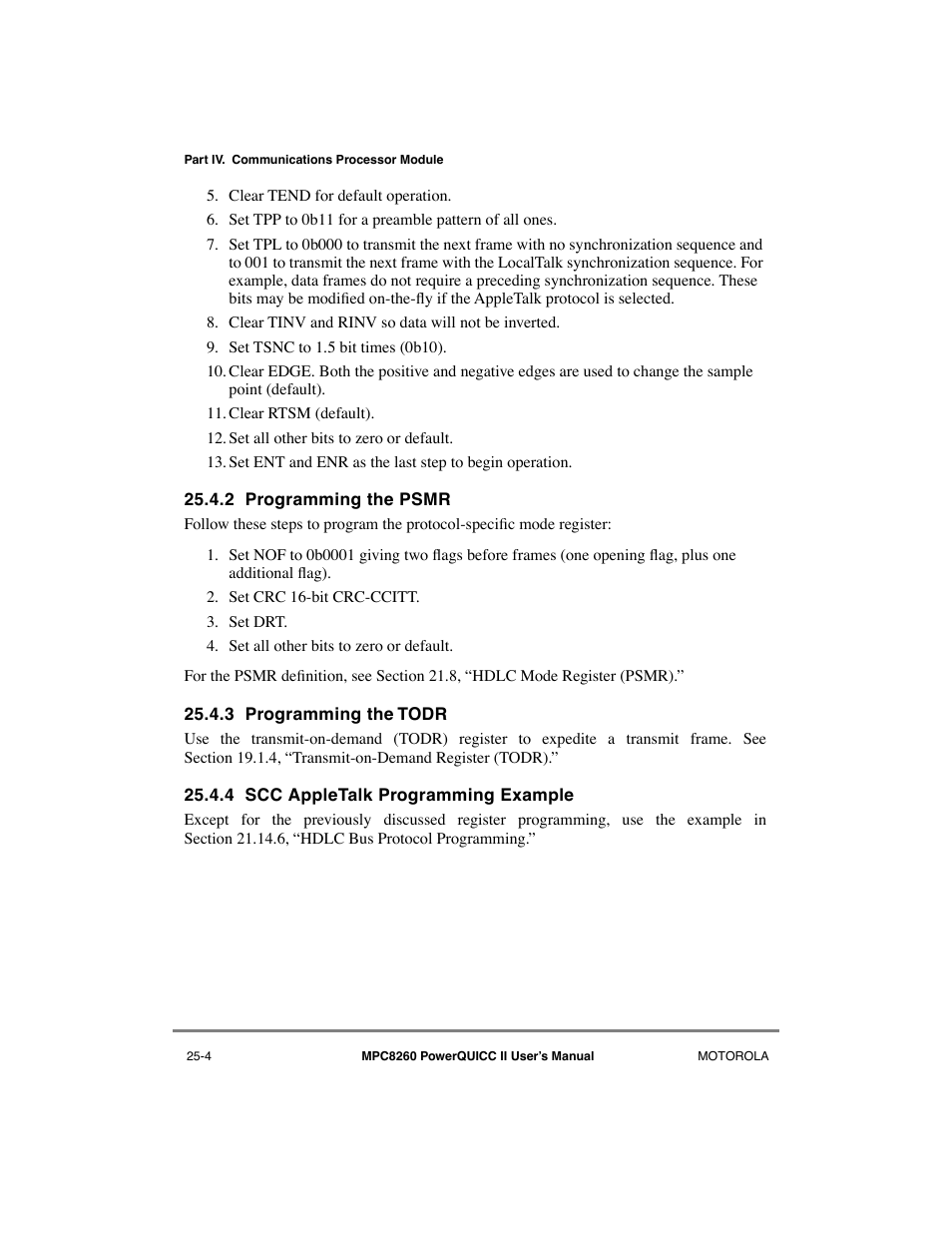 2 programming the psmr, 3 programming the todr, 4 scc appletalk programming example | Programming the psmr -4, Programming the todr -4, Scc appletalk programming example -4 | Motorola MPC8260 User Manual | Page 696 / 1006