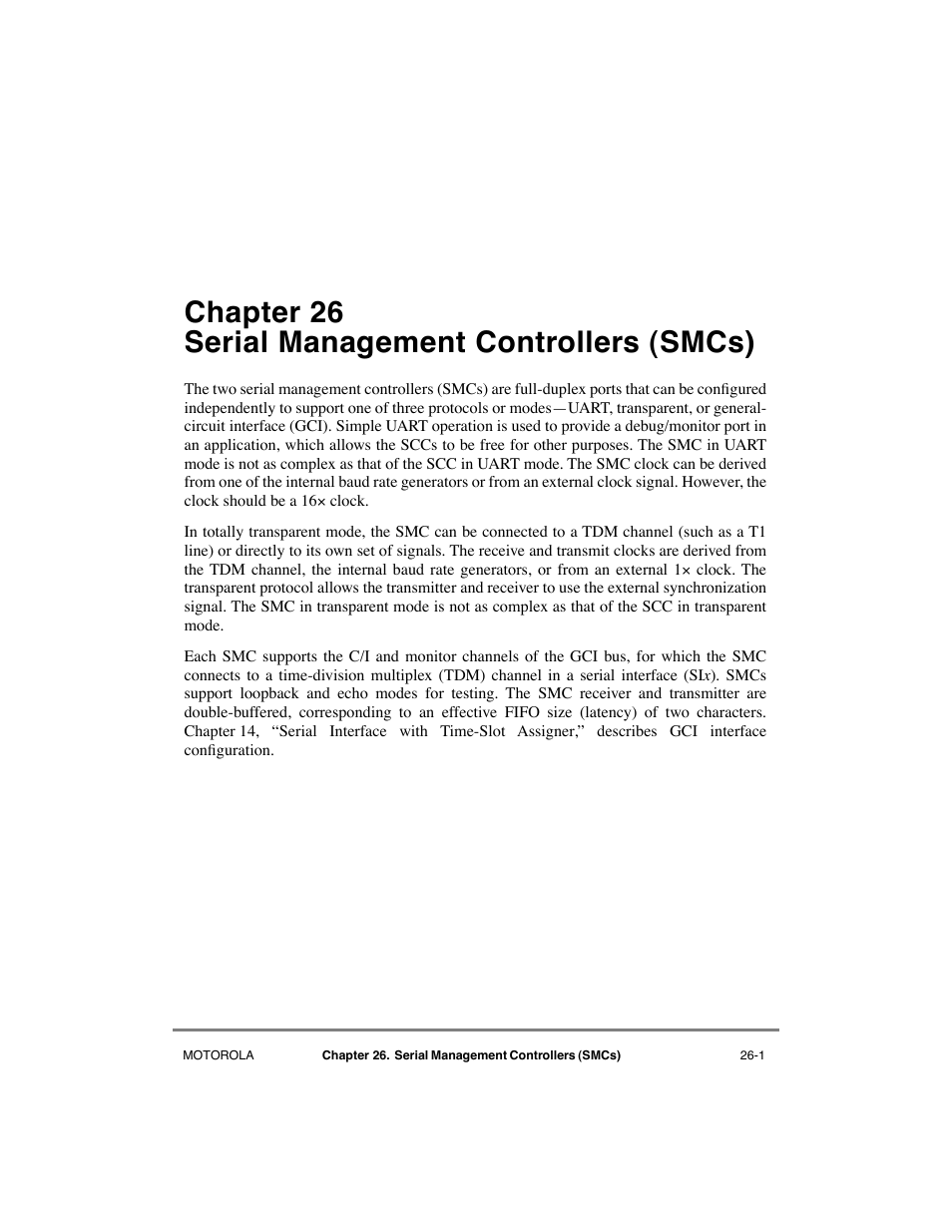 Chapter26 serial management controllers (smcs), Chapter 26, Serial management controllers (smcs) | Chapter 26, òserial management controllers (smcs), Chapter 26 serial management controllers (smcs) | Motorola MPC8260 User Manual | Page 697 / 1006