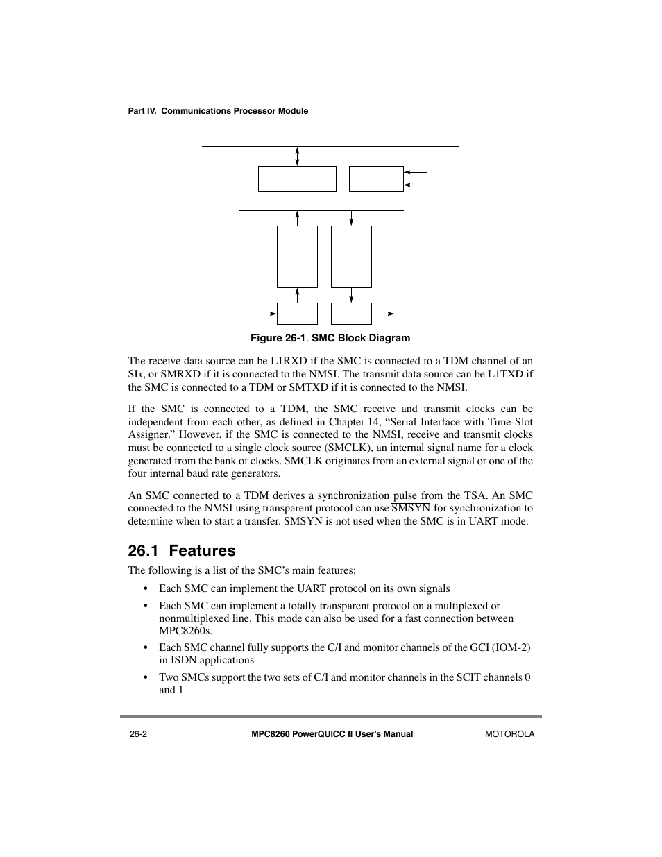 1 features, Features -2, Smc block diagram -2 | Motorola MPC8260 User Manual | Page 698 / 1006