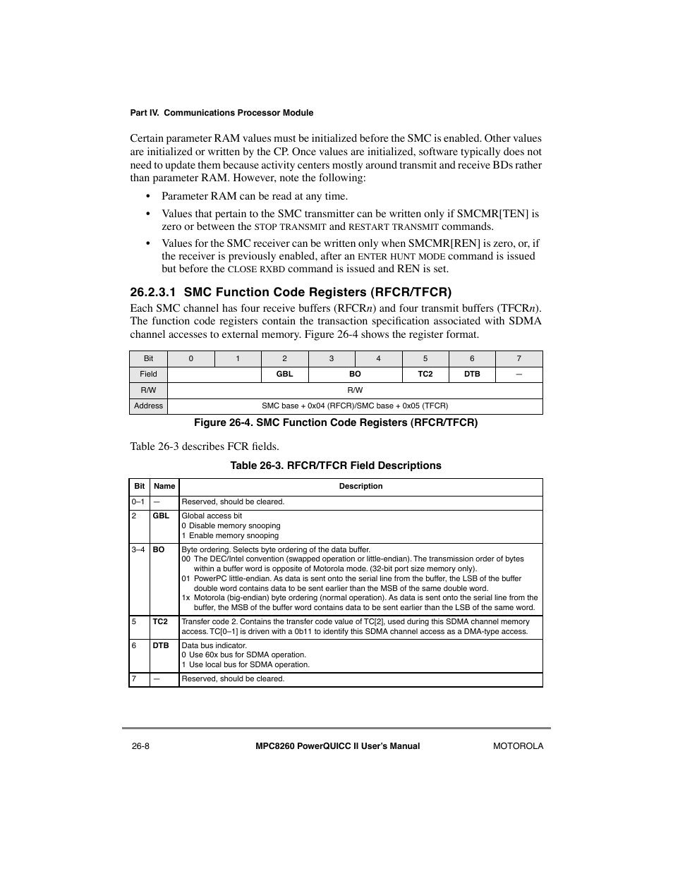 1 smc function code registers (rfcr/tfcr), Smc function code registers (rfcr/tfcr) -8, Rfcr/tfcr field descriptions -8 | Command is issued but before the, Command is issued and ren is set | Motorola MPC8260 User Manual | Page 704 / 1006