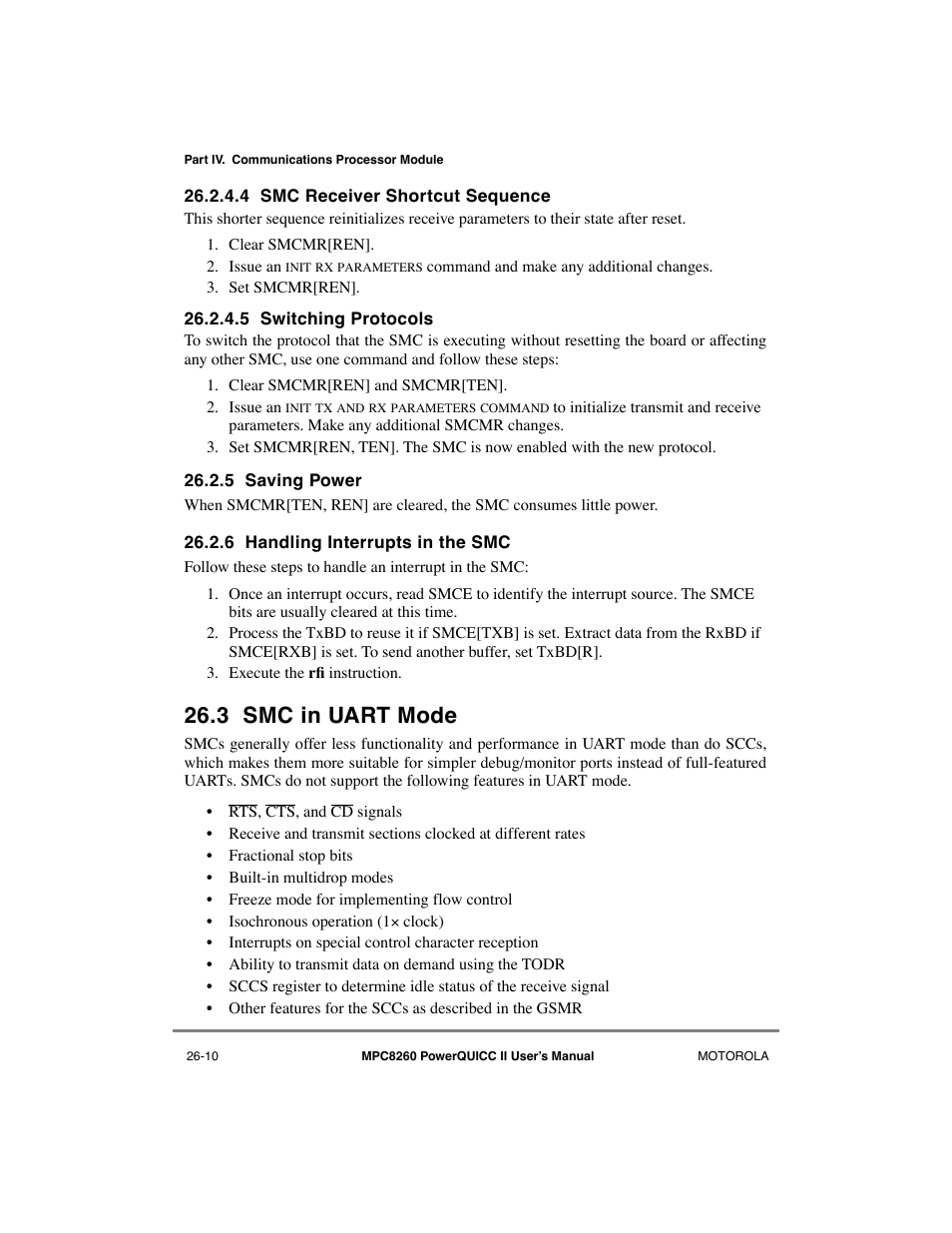 4 smc receiver shortcut sequence, 5 switching protocols, 5 saving power | 6 handling interrupts in the smc, 3 smc in uart mode, Smc receiver shortcut sequence -10, Switching protocols -10, Saving power -10, Handling interrupts in the smc -10, Smc in uart mode -10 | Motorola MPC8260 User Manual | Page 706 / 1006