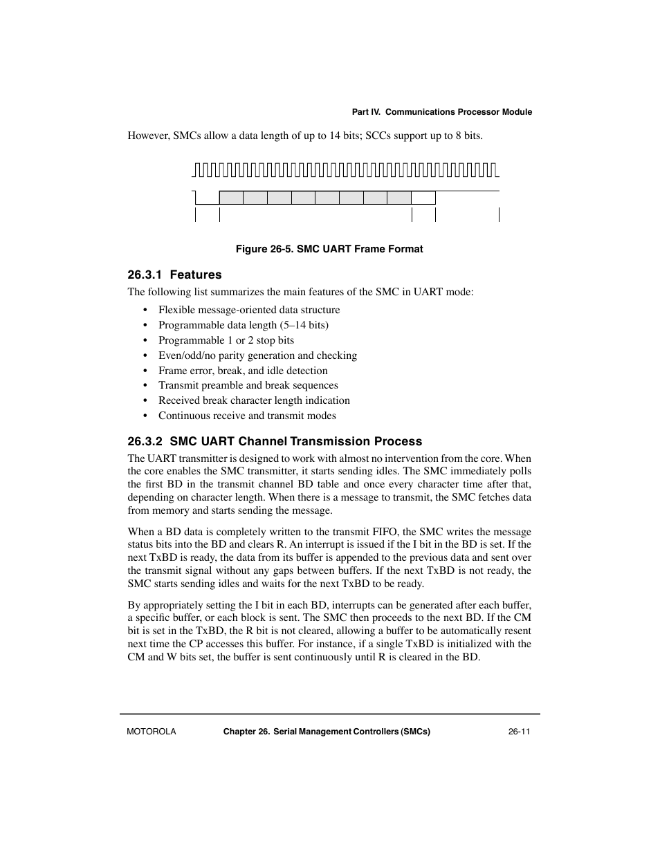 1 features, 2 smc uart channel transmission process, Features -11 | Smc uart channel transmission process -11, Smc uart frame format -11 | Motorola MPC8260 User Manual | Page 707 / 1006