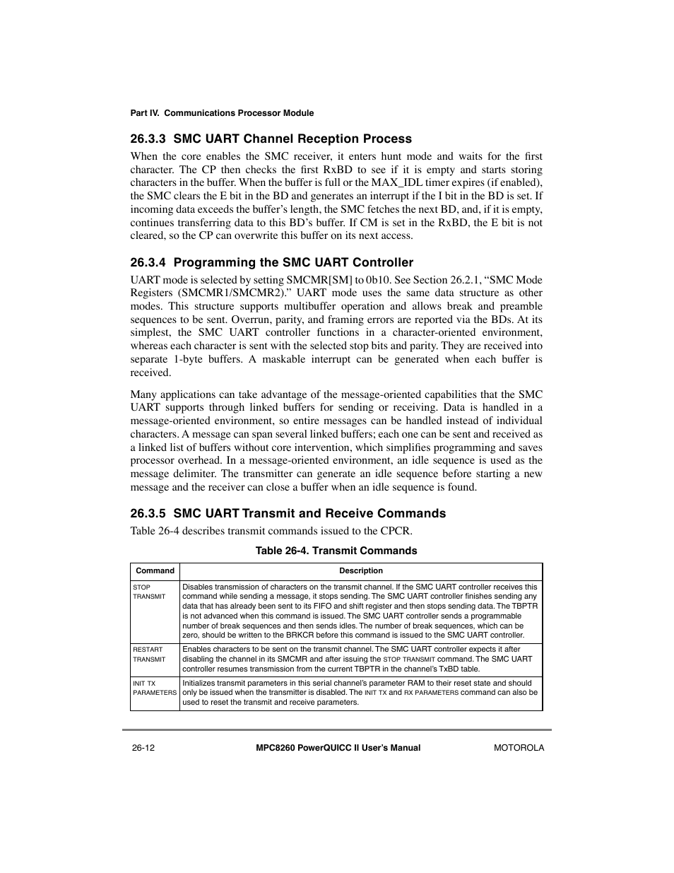 3 smc uart channel reception process, 4 programming the smc uart controller, 5 smc uart transmit and receive commands | Smc uart channel reception process -12, Programming the smc uart controller -12, Smc uart transmit and receive commands -12, Transmit commands -12 | Motorola MPC8260 User Manual | Page 708 / 1006