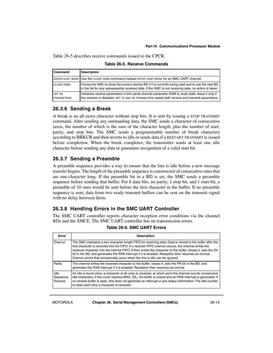 6 sending a break, 7 sending a preamble, 8 handling errors in the smc uart controller | Sending a break -13, Sending a preamble -13, Handling errors in the smc uart controller -13, Receive commands -13, Smc uart errors -13 | Motorola MPC8260 User Manual | Page 709 / 1006