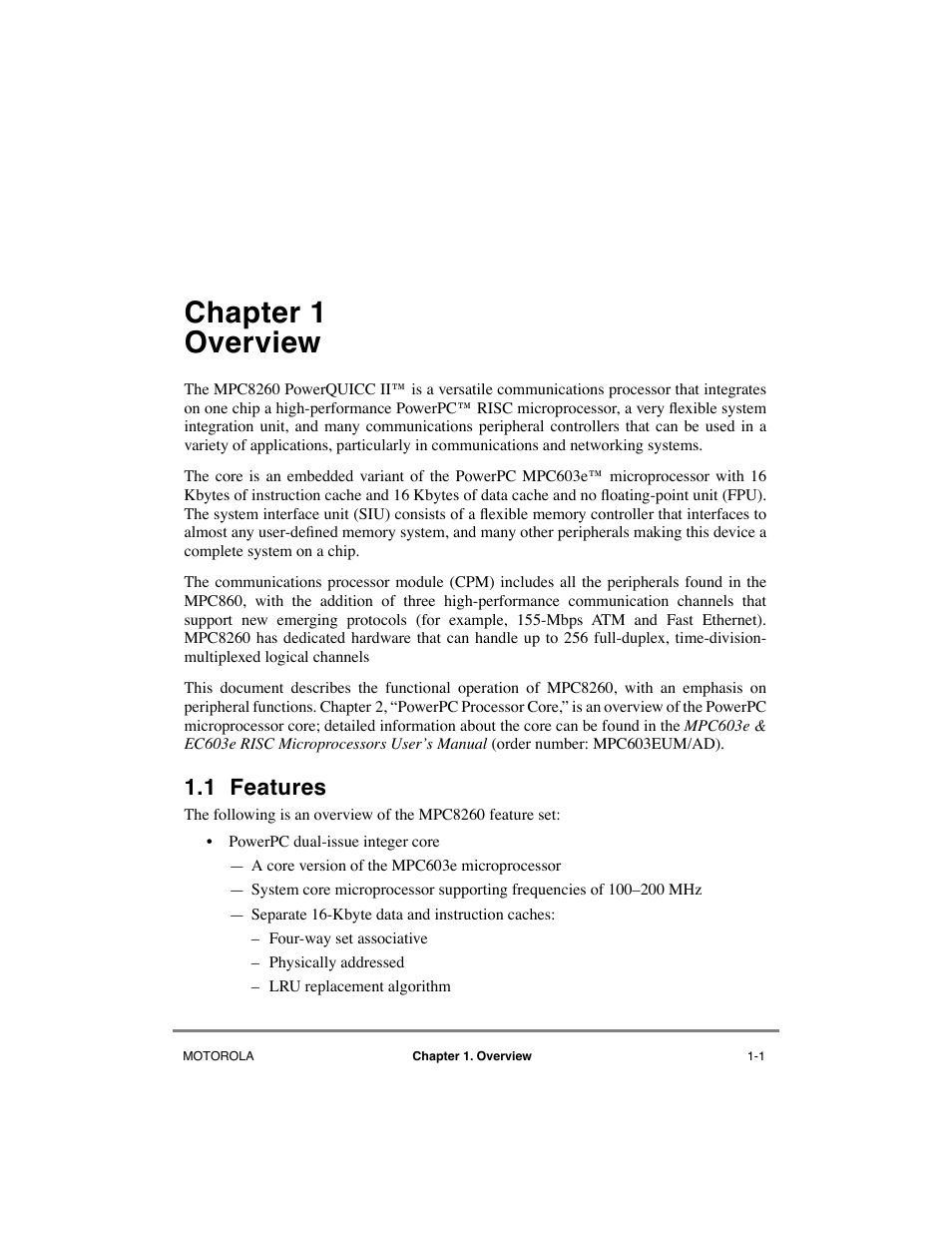Chapter1 overview, 1 features, Chapter 1 | Overview, Features -1, Chapter 1, òoverview, Chapter 1 overview | Motorola MPC8260 User Manual | Page 71 / 1006