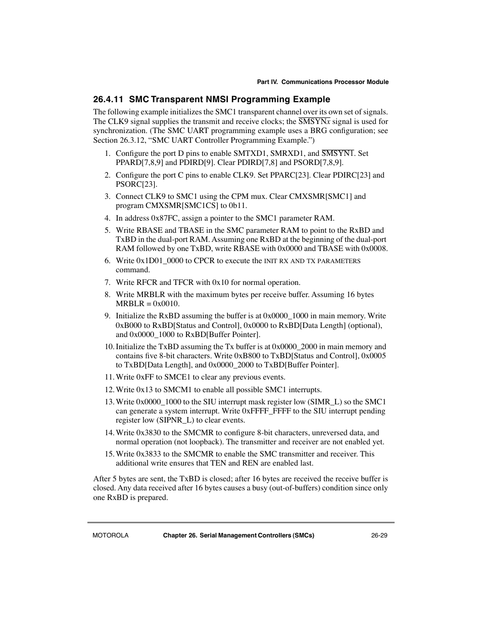 11 smc transparent nmsi programming example, Smc transparent nmsi programming example -29 | Motorola MPC8260 User Manual | Page 725 / 1006