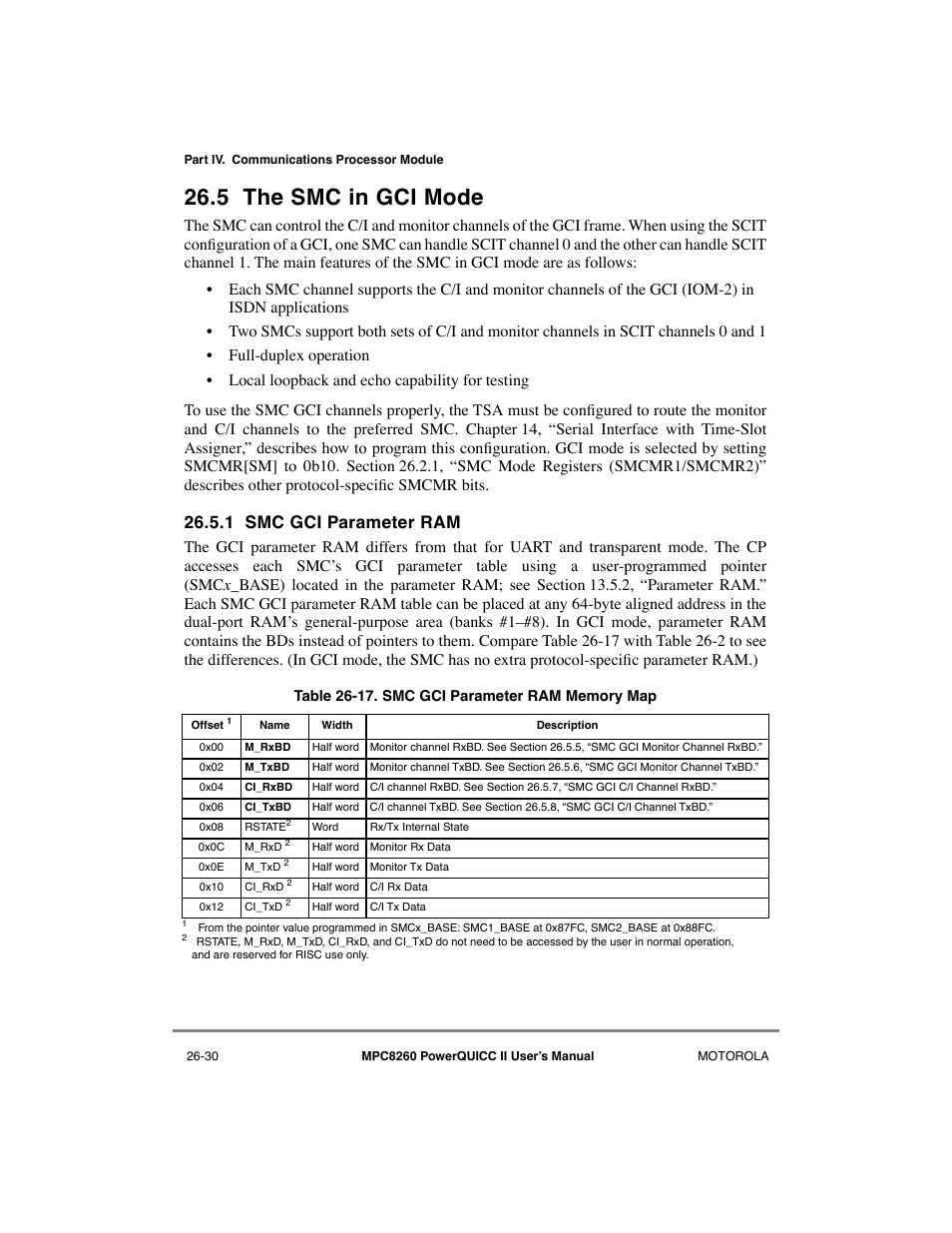 5 the smc in gci mode, 1 smc gci parameter ram, The smc in gci mode -30 | Smc gci parameter ram -30, Smc gci parameter ram memory map -30, Gci protocol is described in table 26-17 | Motorola MPC8260 User Manual | Page 726 / 1006