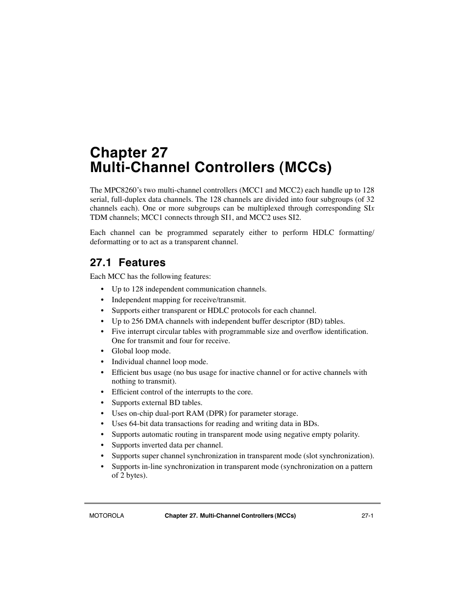 Chapter27 multi-channel controllers (mccs), 1 features, Chapter 27 | Multi-channel controllers (mccs), Features -1, Chapter 27, òmulti-channel controllers (mccs), Chapter 27 multi-channel controllers (mccs) | Motorola MPC8260 User Manual | Page 731 / 1006