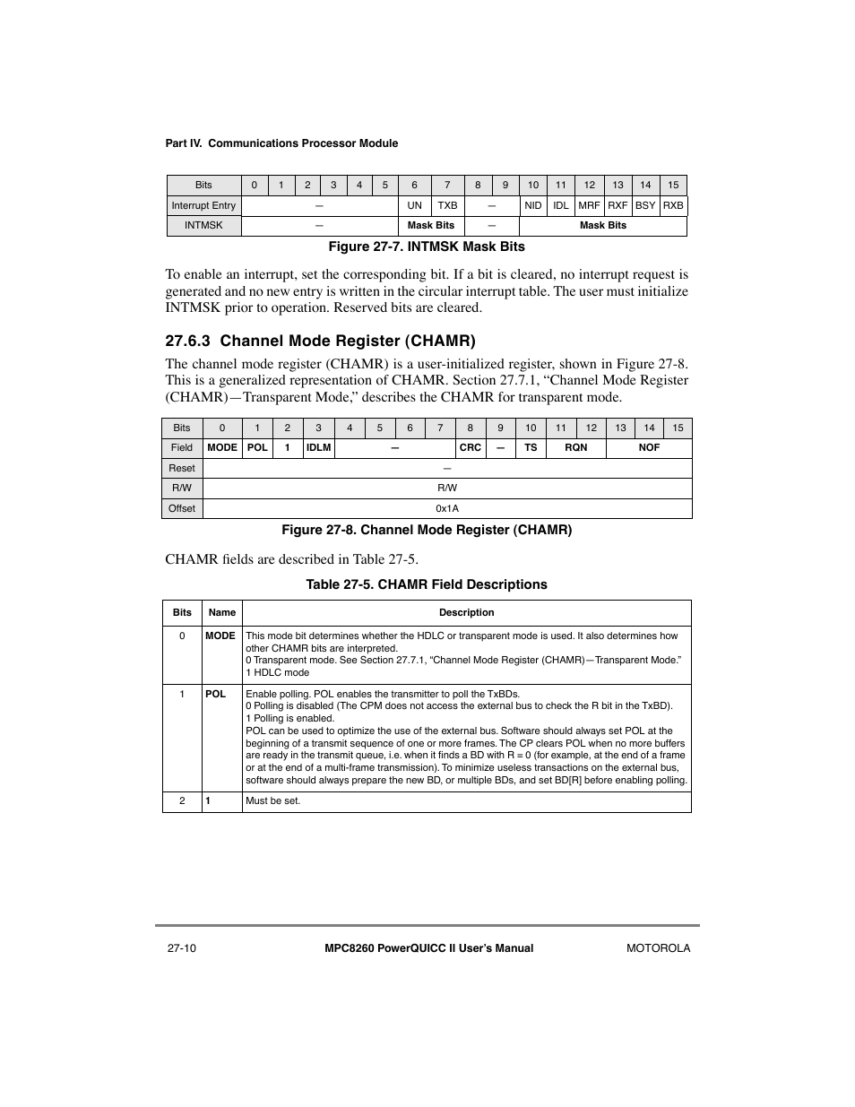 3 channel mode register (chamr), Channel mode register (chamr) -10, Intmsk mask bits -10 | Chamr field descriptions -10, See section 27.6.3, òchannel mode register (chamr) | Motorola MPC8260 User Manual | Page 740 / 1006