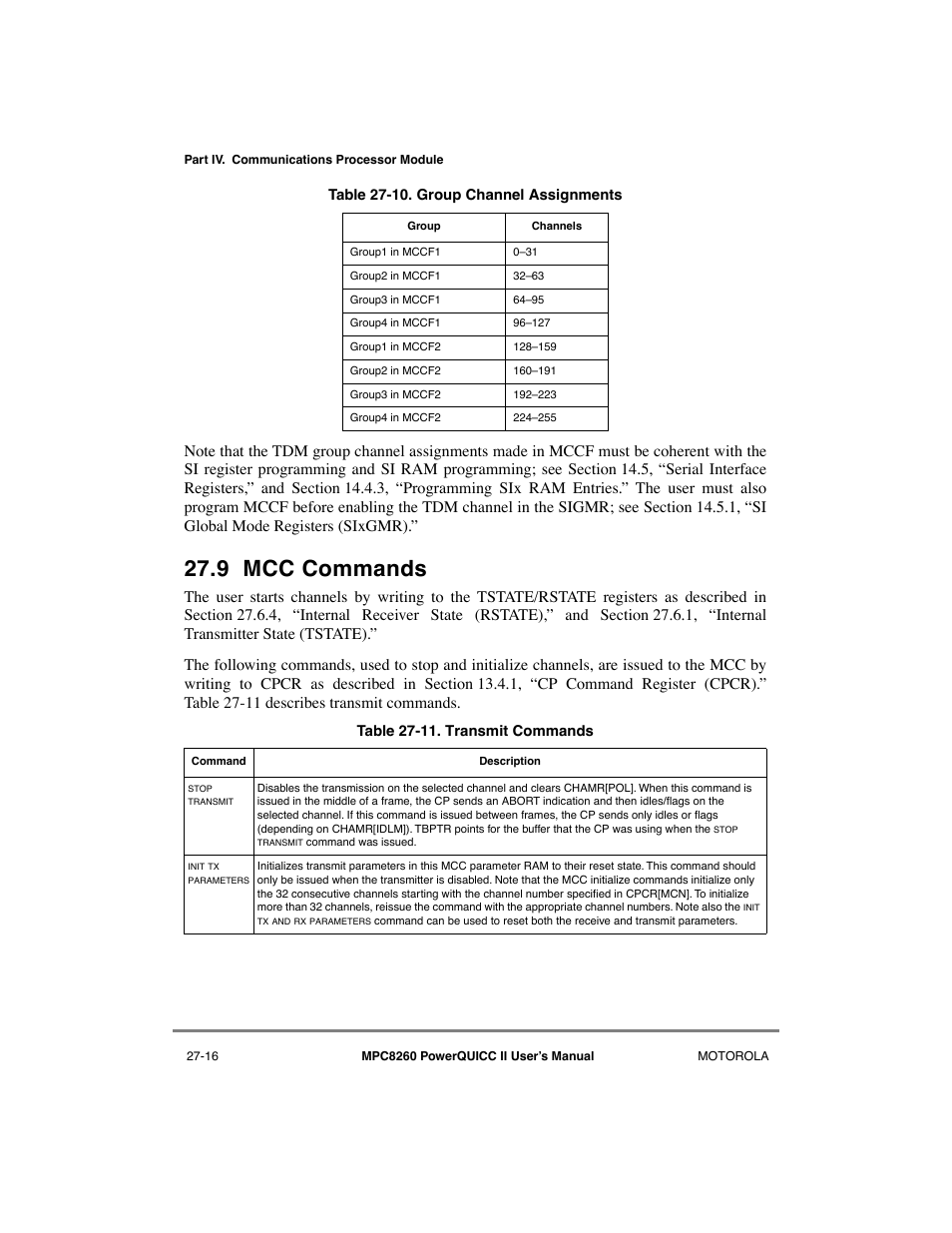9 mcc commands, Mcc commands -16, Group channel assignments -16 | Transmit commands -16, See section 27.9, òmcc commands, Table 27-10 describes group assignments, Wn in table 27-10 | Motorola MPC8260 User Manual | Page 746 / 1006