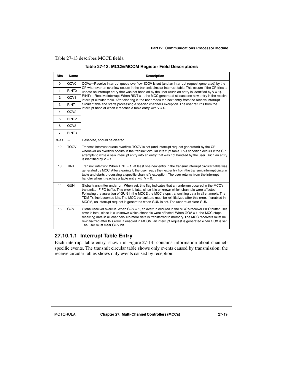 1 interrupt table entry, Interrupt table entry -19, Mcce/mccm register field descriptions -19 | Section 27.10.1.1, òinterrupt table entryó), Table 27-13 describes mcce þelds | Motorola MPC8260 User Manual | Page 749 / 1006