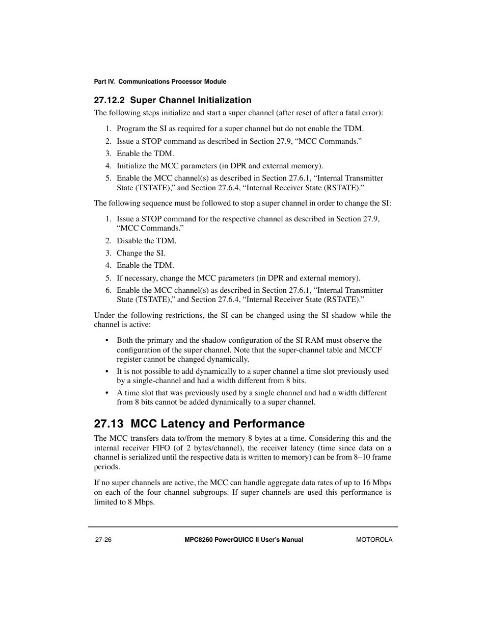 2 super channel initialization, 13 mcc latency and performance, Super channel initialization -26 | Mcc latency and performance -26 | Motorola MPC8260 User Manual | Page 756 / 1006