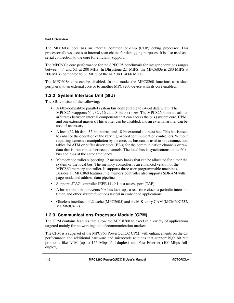 2 system interface unit (siu), 3 communications processor module (cpm), System interface unit (siu) -6 | Communications processor module (cpm) -6 | Motorola MPC8260 User Manual | Page 76 / 1006