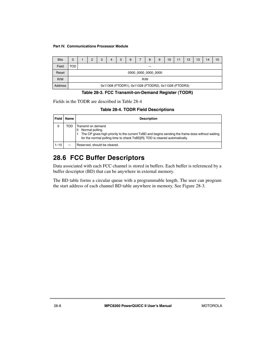 6 fcc buffer descriptors, Fcc buffer descriptors -8, Fcc transmit-on-demand register (todr) -8 | Todr field descriptions -8, Fields in the t odr are described in table 28-4 | Motorola MPC8260 User Manual | Page 766 / 1006