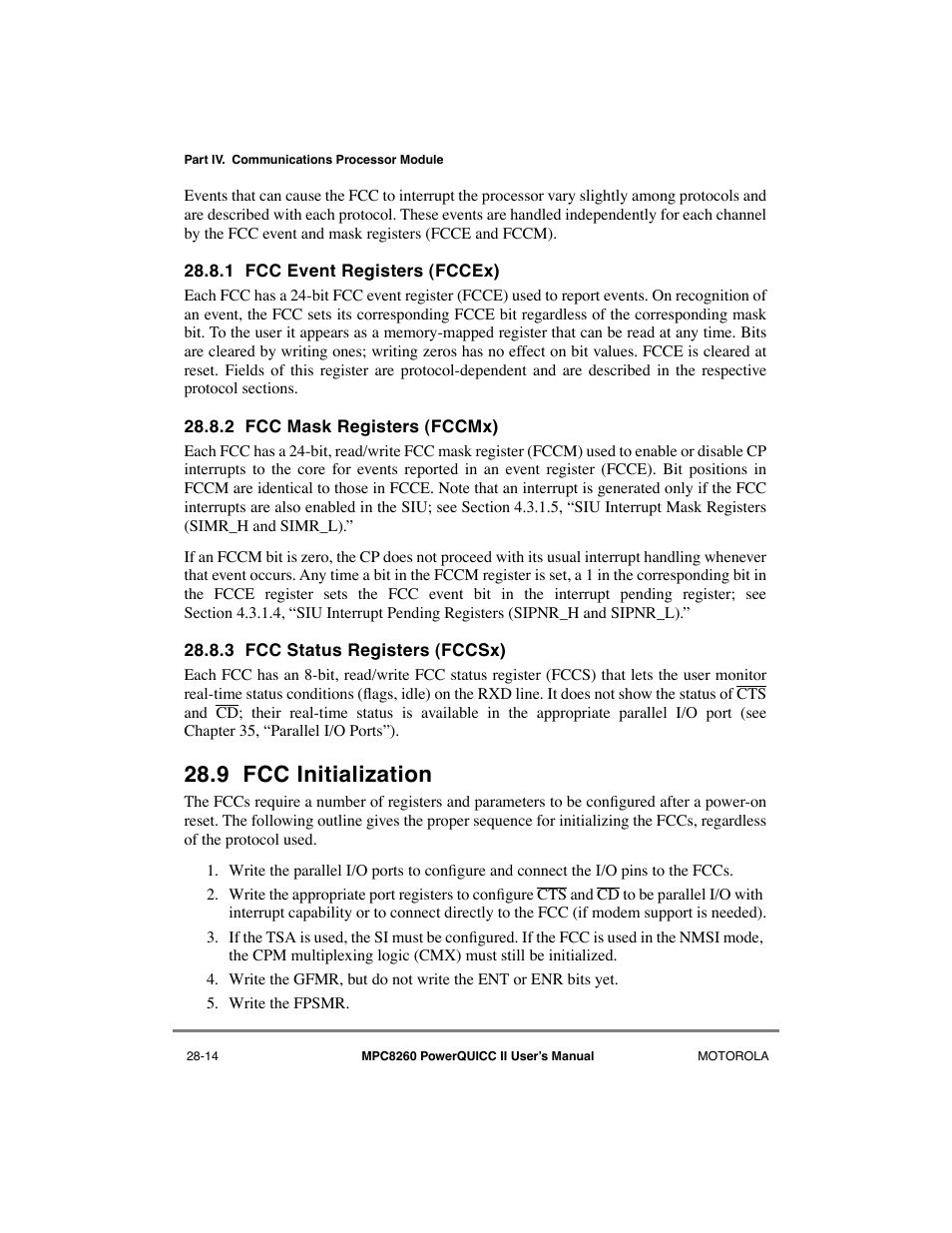 1 fcc event registers (fccex), 2 fcc mask registers (fccmx), 3 fcc status registers (fccsx) | 9 fcc initialization, Fcc event registers (fccex) -14, Fcc mask registers (fccmx) -14, Fcc status registers (fccsx) -14, Fcc initialization -14, Peak and minimum cell rate traffic type (ubr+) -13 | Motorola MPC8260 User Manual | Page 772 / 1006