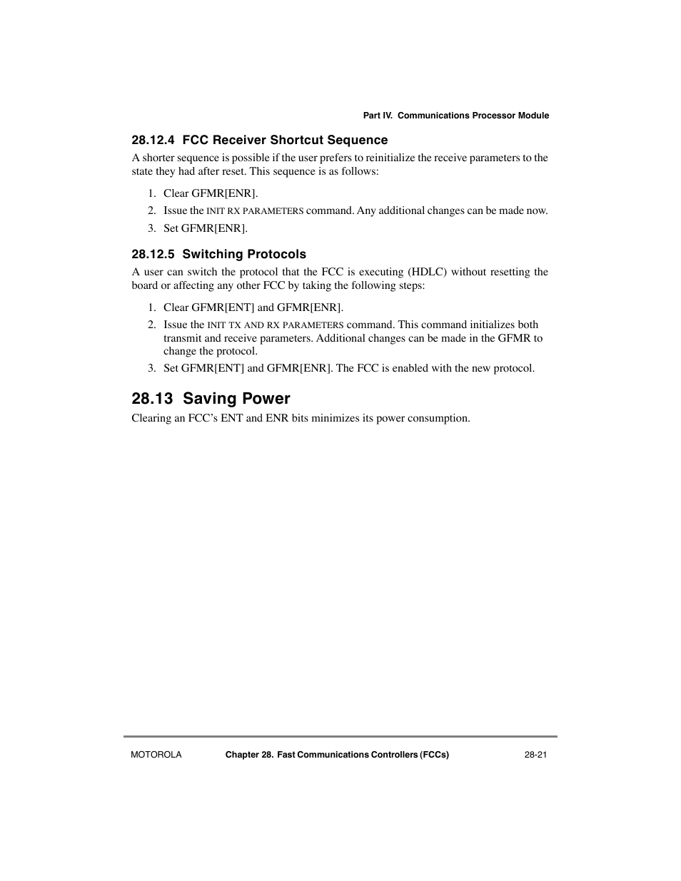 4 fcc receiver shortcut sequence, 5 switching protocols, 13 saving power | Fcc receiver shortcut sequence -21, Switching protocols -21, Saving power -21 | Motorola MPC8260 User Manual | Page 779 / 1006