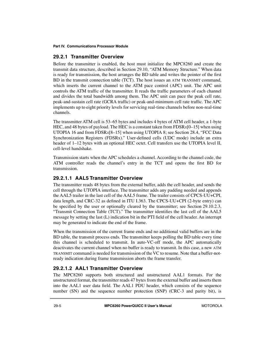 1 transmitter overview, 1 aal5 transmitter overview, 2 aal1 transmitter overview | Transmitter overview -5, Aal5 transmitter overview -5, Aal1 transmitter overview -5 | Motorola MPC8260 User Manual | Page 785 / 1006