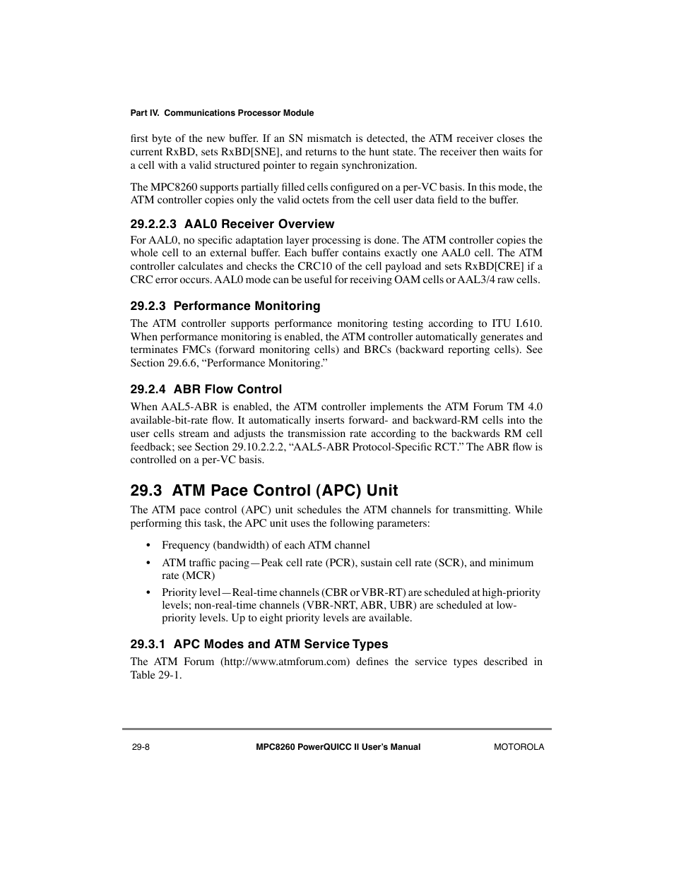 3 aal0 receiver overview, 3 performance monitoring, 4 abr flow control | 3 atm pace control (apc) unit, 1 apc modes and atm service types, Aal0 receiver overview -8, Performance monitoring -8, Abr flow control -8, Atm pace control (apc) unit -8, Apc modes and atm service types -8 | Motorola MPC8260 User Manual | Page 788 / 1006