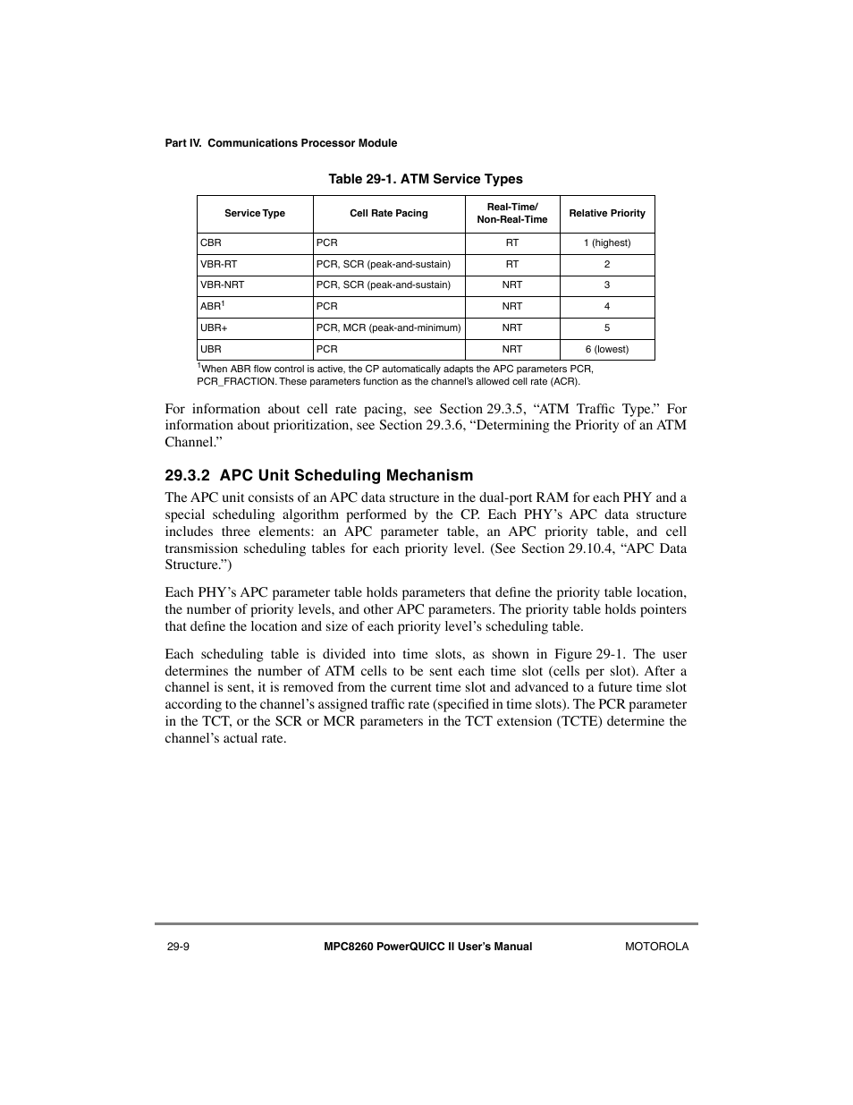 2 apc unit scheduling mechanism, Apc unit scheduling mechanism -9, Atm service types -9 | Motorola MPC8260 User Manual | Page 789 / 1006