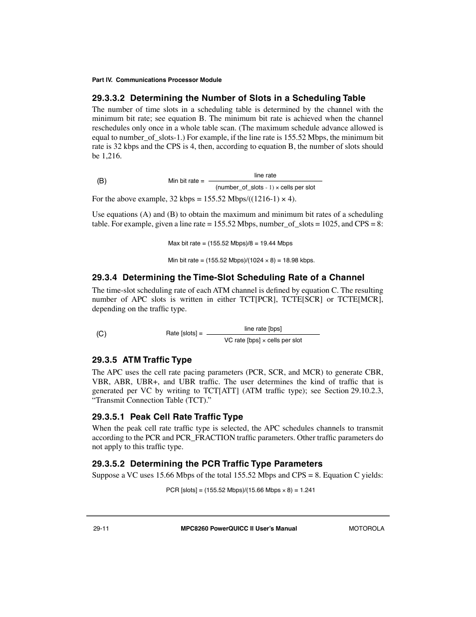 5 atm traffic type, 1 peak cell rate traffic type, 2 determining the pcr traffic type parameters | Atm traffic type -11, Peak cell rate traffic type -11, Determining the pcr traffic type parameters -11 | Motorola MPC8260 User Manual | Page 791 / 1006