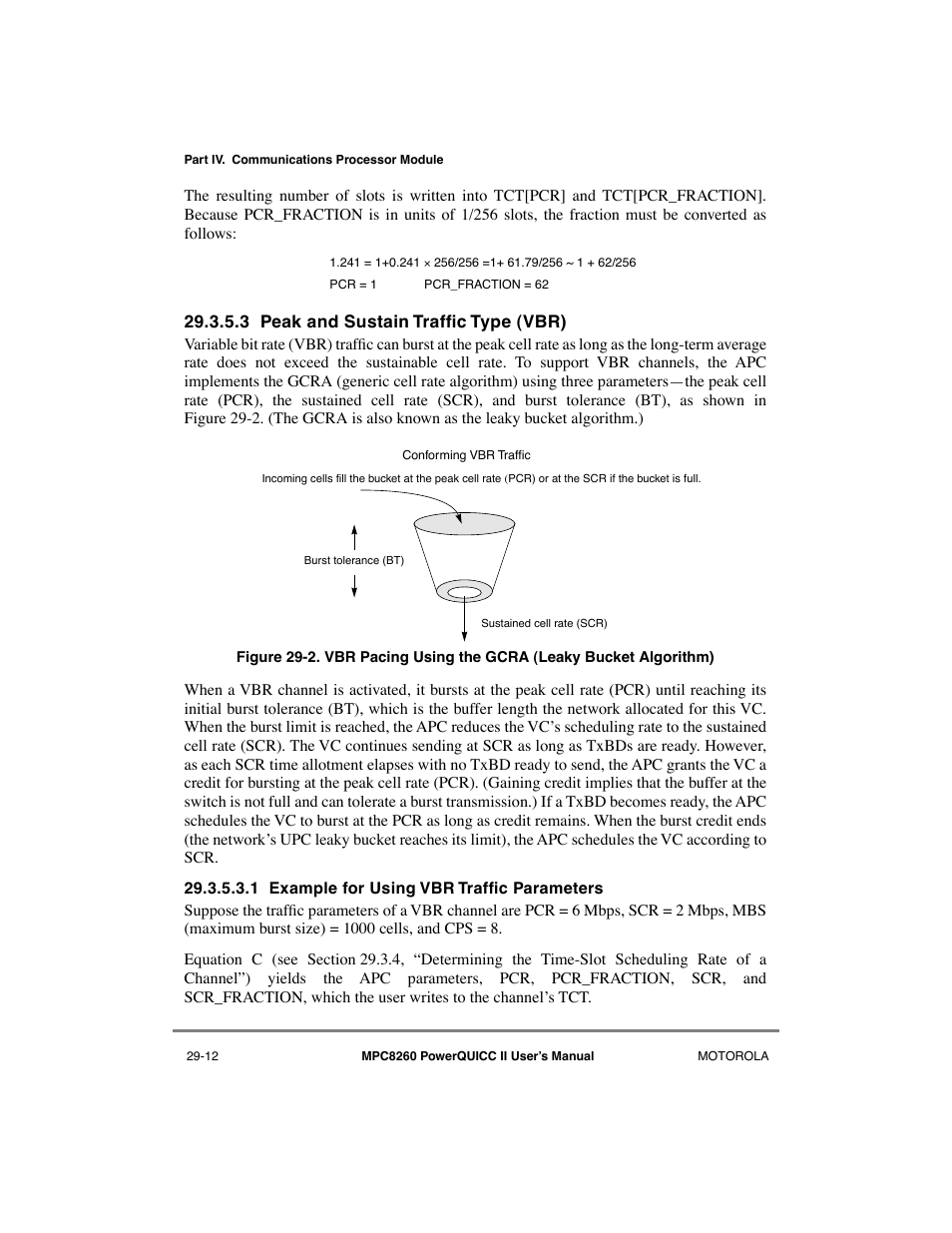 3 peak and sustain traffic type (vbr), 1 example for using vbr traffic parameters, Peak and sustain traffic type (vbr) -12 | Example for using vbr traffic parameters -12, 3 peak and sustain trafþc type (vbr) | Motorola MPC8260 User Manual | Page 792 / 1006