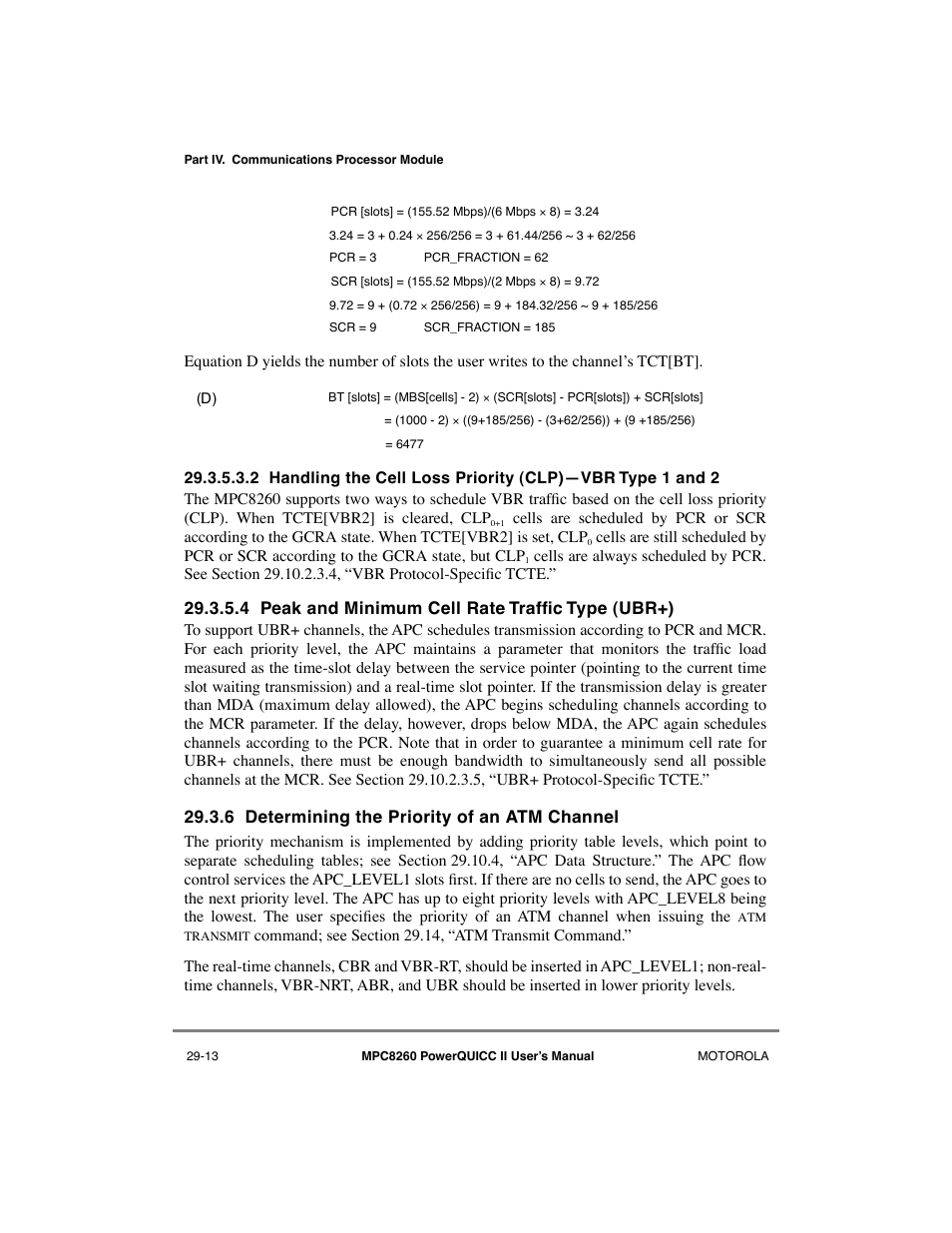 4 peak and minimum cell rate traffic type (ubr+), 6 determining the priority of an atm channel, Determining the priority of an atm channel -13 | Determining uead_offset (uead mode only) -40, 4 peak and minimum cell rate trafþc type (ubr+) | Motorola MPC8260 User Manual | Page 793 / 1006