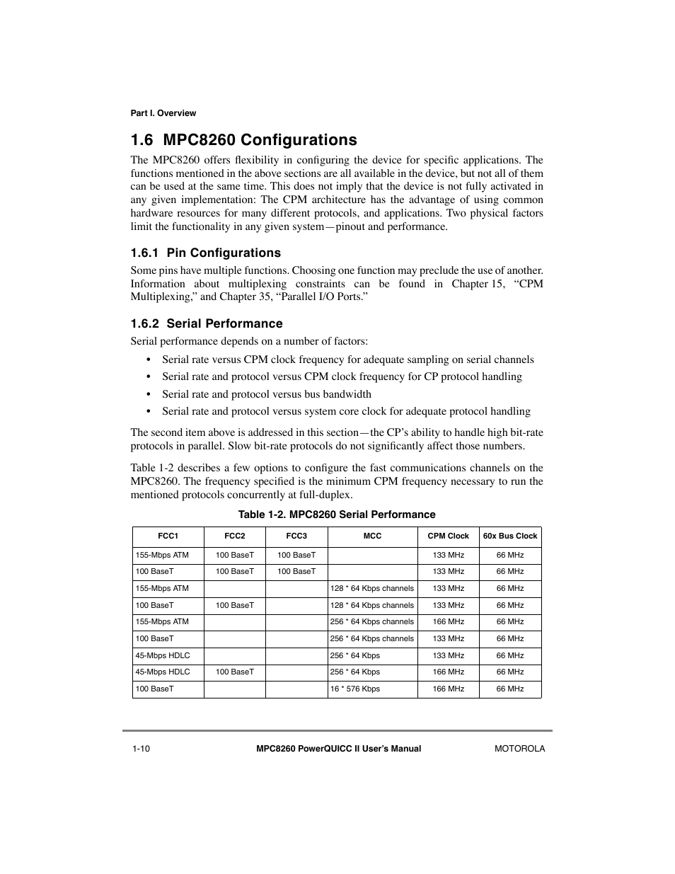 6 mpc8260 configurations, 1 pin configurations, 2 serial performance | Mpc8260 configurations -10, Pin configurations -10, Serial performance -10, Mpc8260 serial performance -10, 1 pin conþgurations | Motorola MPC8260 User Manual | Page 80 / 1006