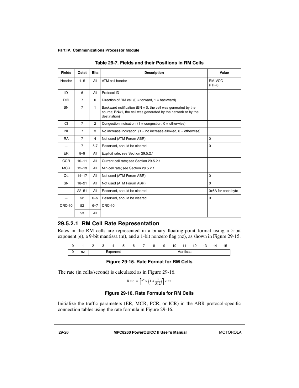 1 rm cell rate representation, Rm cell rate representation -26, Rate format for rm cells -26 | Rate formula for rm cells -26, Fields and their positions in rm cells -26 | Motorola MPC8260 User Manual | Page 806 / 1006