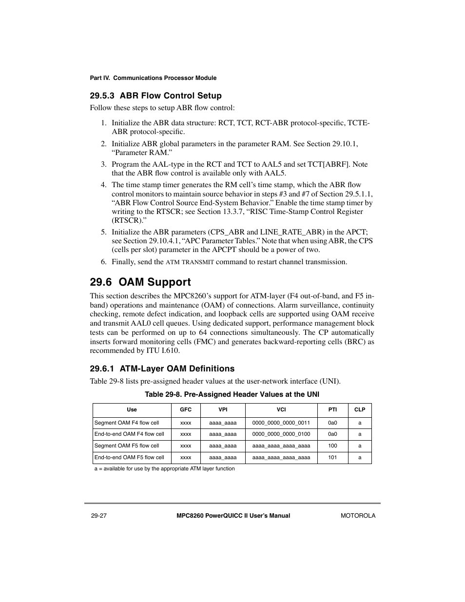 3 abr flow control setup, 6 oam support, 1 atm-layer oam definitions | Abr flow control setup -27, Oam support -27, Atm-layer oam definitions -27, Pre-assigned header values at the uni -27, 1 atm-layer oam deþnitions | Motorola MPC8260 User Manual | Page 807 / 1006