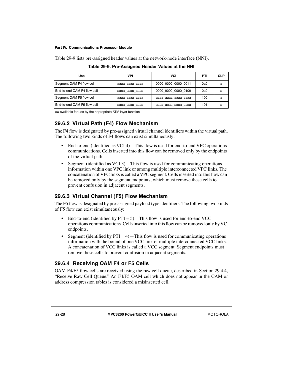 2 virtual path (f4) flow mechanism, 3 virtual channel (f5) flow mechanism, 4 receiving oam f4 or f5 cells | Virtual path (f4) flow mechanism -28, Virtual channel (f5) flow mechanism -28, Receiving oam f4 or f5 cells -28, Pre-assigned header values at the nni -28 | Motorola MPC8260 User Manual | Page 808 / 1006