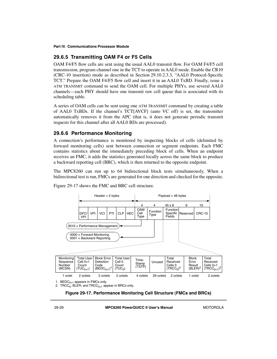 5 transmitting oam f4 or f5 cells, 6 performance monitoring, Transmitting oam f4 or f5 cells -29 | Performance monitoring -29 | Motorola MPC8260 User Manual | Page 809 / 1006