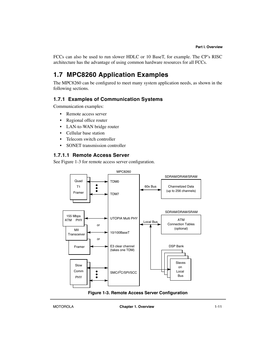 7 mpc8260 application examples, 1 examples of communication systems, 1 remote access server | Mpc8260 application examples -11, Examples of communication systems -11, Remote access server -11, Remote access server configuration -11 | Motorola MPC8260 User Manual | Page 81 / 1006