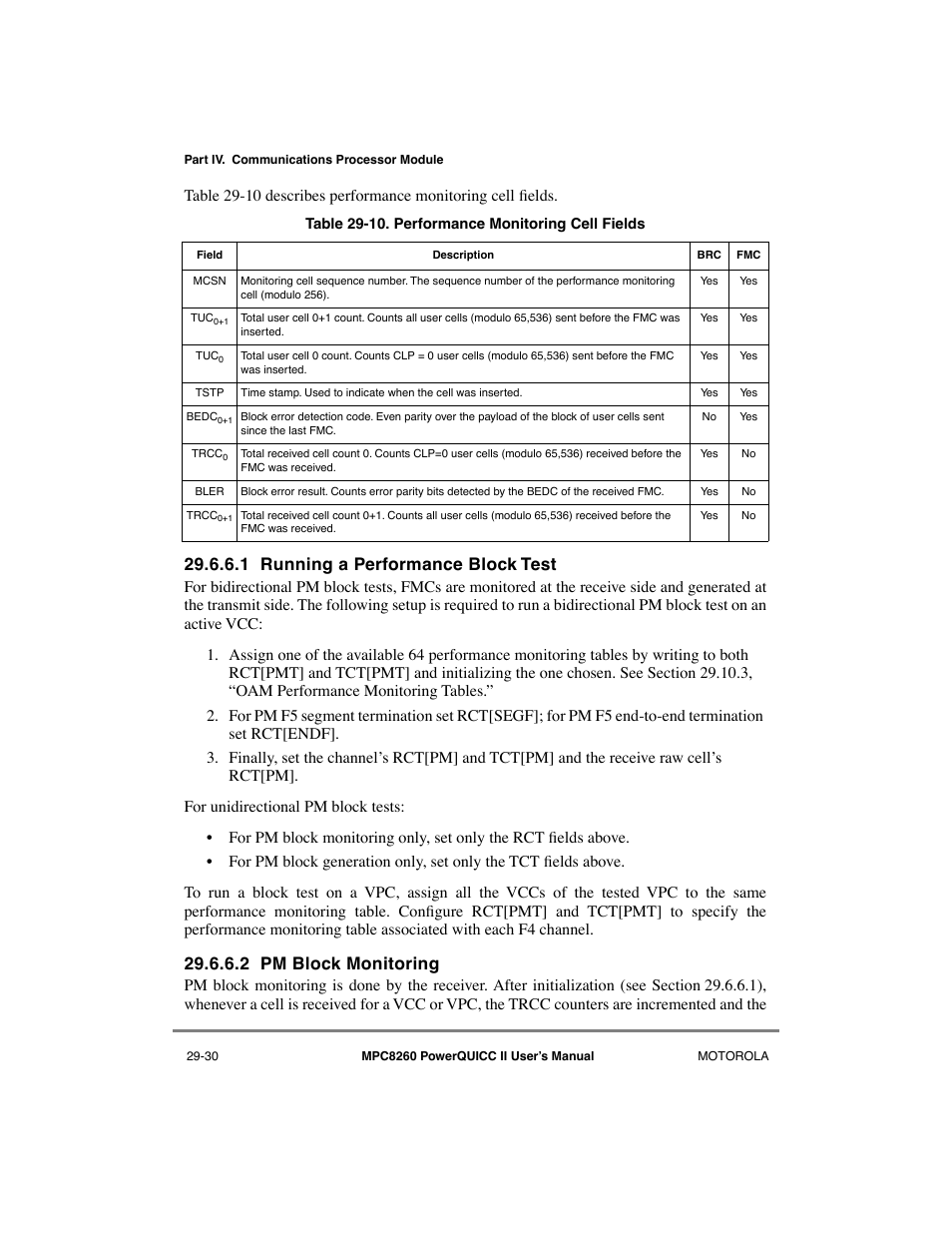 1 running a performance block test, 2 pm block monitoring, Running a performance block test -30 | Pm block monitoring -30, Performance monitoring cell fields -30 | Motorola MPC8260 User Manual | Page 810 / 1006