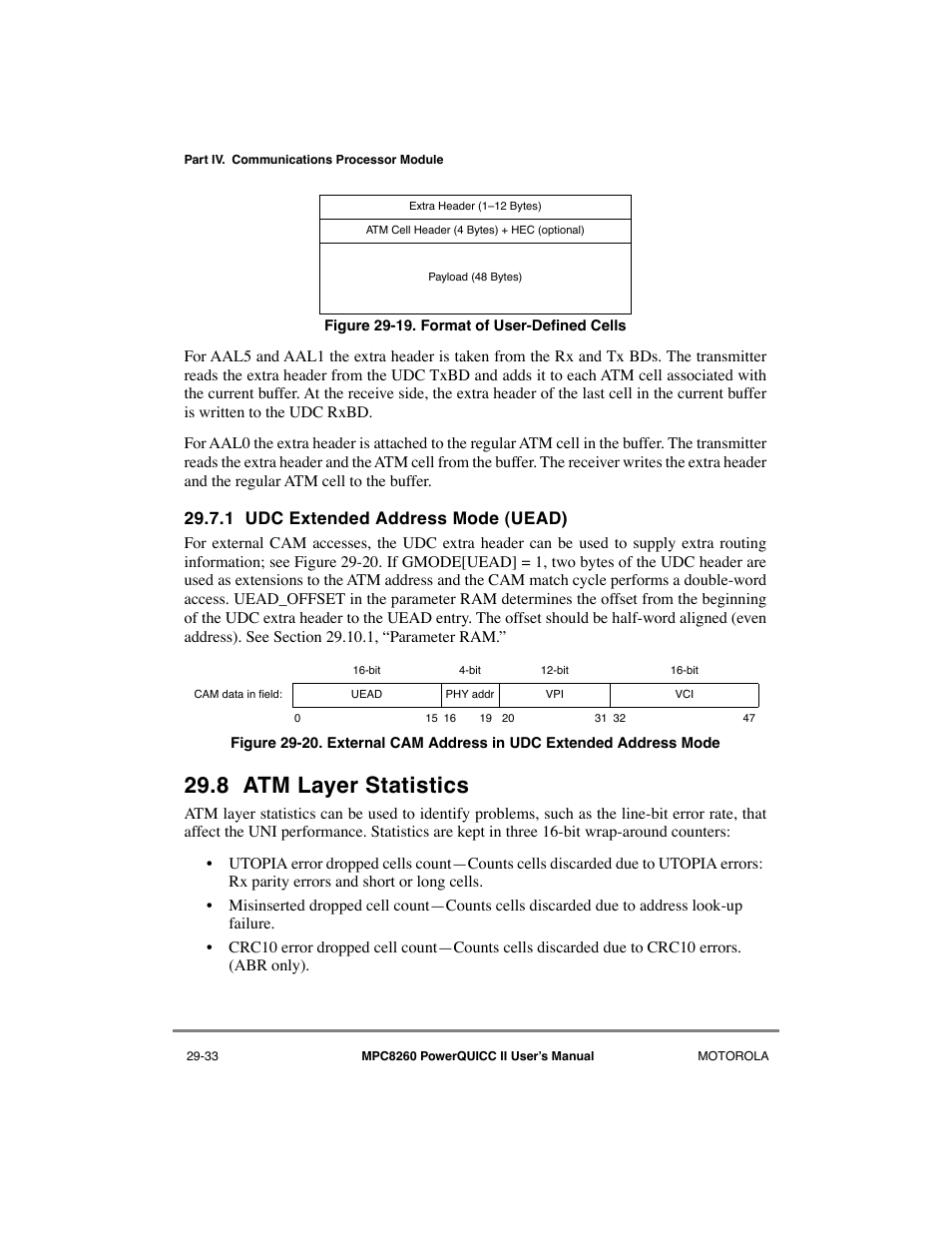 1 udc extended address mode (uead), 8 atm layer statistics, Udc extended address mode (uead) -33 | Atm layer statistics -33, Format of user-defined cells -33 | Motorola MPC8260 User Manual | Page 813 / 1006