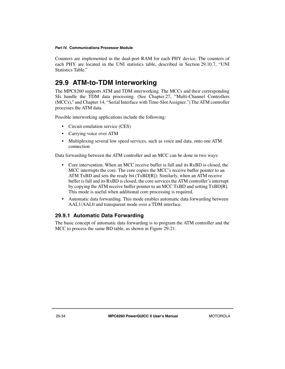 9 atm-to-tdm interworking, 1 automatic data forwarding, Atm-to-tdm interworking -34 | Automatic data forwarding -34 | Motorola MPC8260 User Manual | Page 814 / 1006