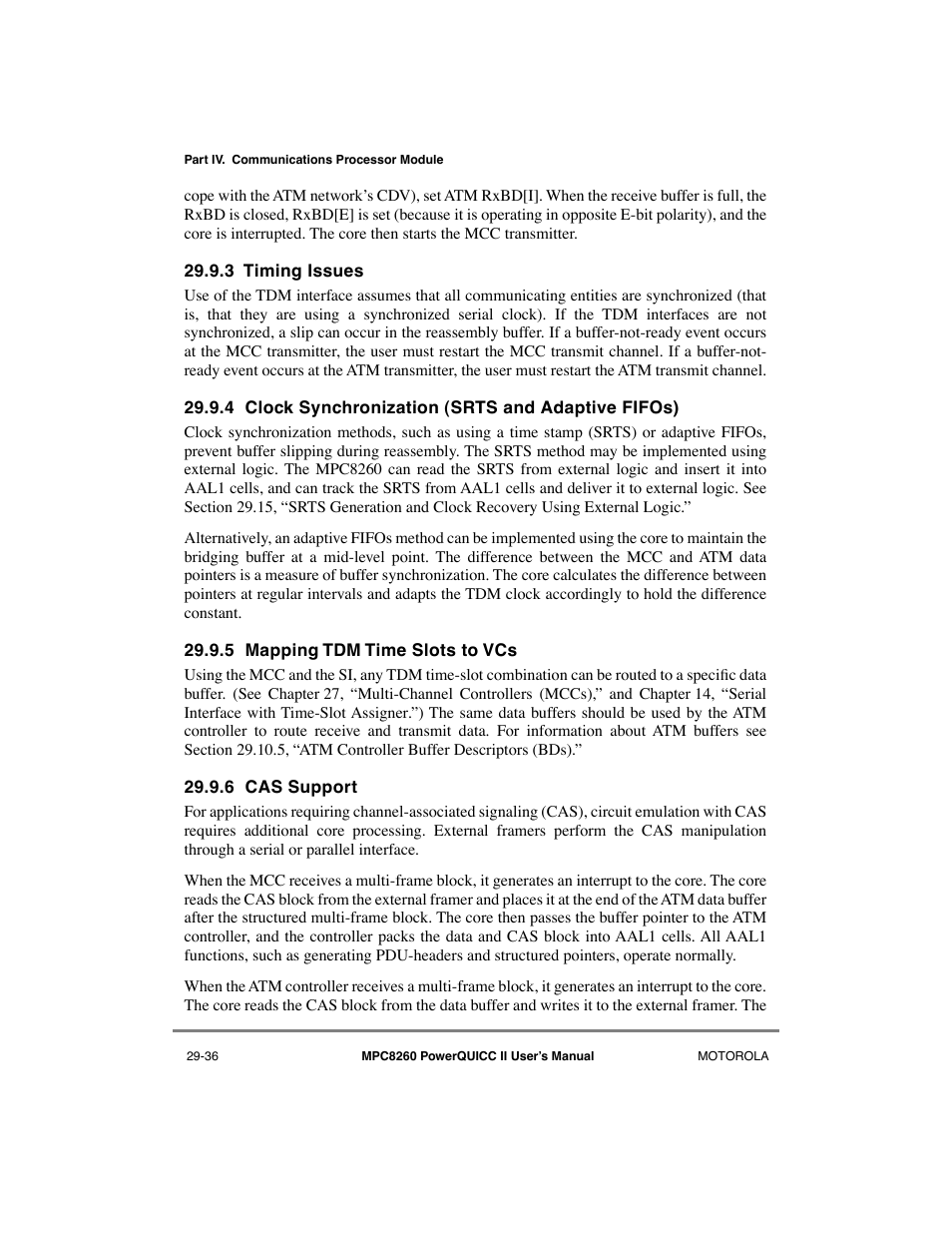 3 timing issues, 4 clock synchronization (srts and adaptive fifos), 5 mapping tdm time slots to vcs | 6 cas support, Timing issues -36, Mapping tdm time slots to vcs -36, Cas support -36 | Motorola MPC8260 User Manual | Page 816 / 1006