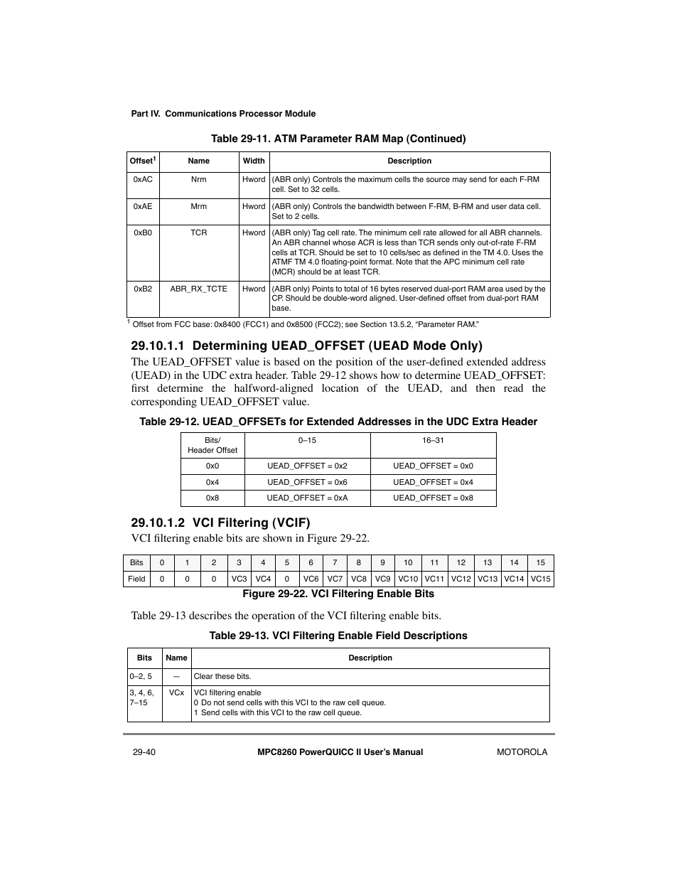 1 determining uead_offset (uead mode only), 2 vci filtering (vcif), Vci filtering (vcif) -40 | The utopia interface -82, Vci filtering enable bits -40, Vci filtering enable field descriptions -40, See section 29.10.1.2, òvci filtering (vcif) | Motorola MPC8260 User Manual | Page 820 / 1006