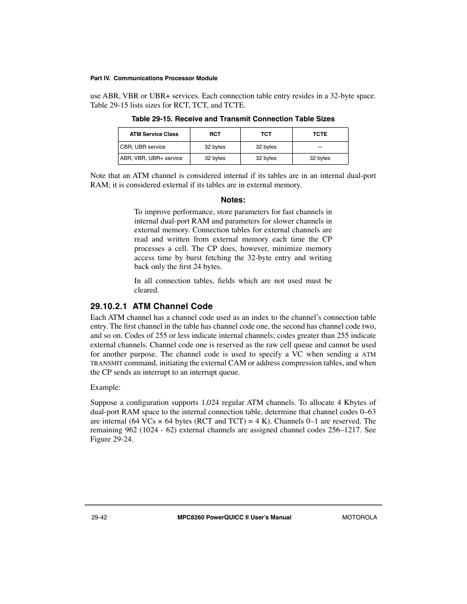 1 atm channel code, Atm channel code -42, Receive and transmit connection table sizes -42 | Motorola MPC8260 User Manual | Page 822 / 1006