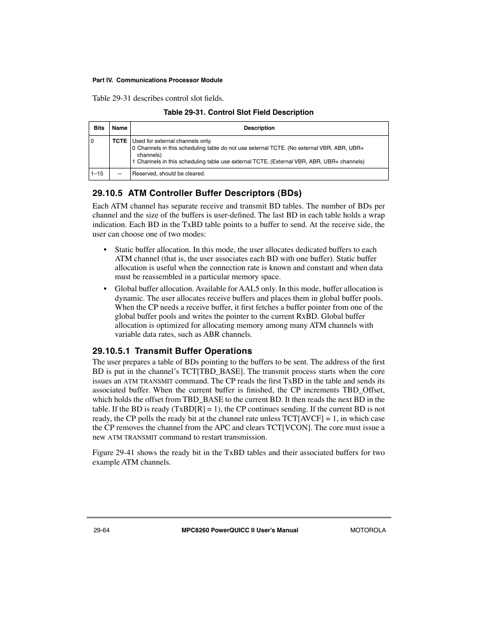 5 atm controller buffer descriptors (bds), 1 transmit buffer operations, Atm controller buffer descriptors (bds) -64 | Transmit buffer operations -64, Control slot field description -64 | Motorola MPC8260 User Manual | Page 844 / 1006