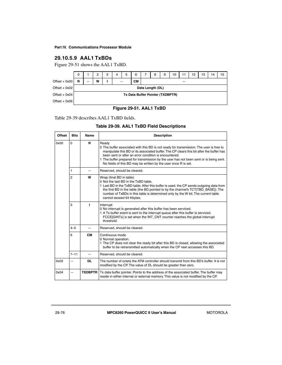 9 aal1 txbds, Aal1 txbds -76, Aal1 txbd -76 | Aal1 txbd field descriptions -76 | Motorola MPC8260 User Manual | Page 856 / 1006