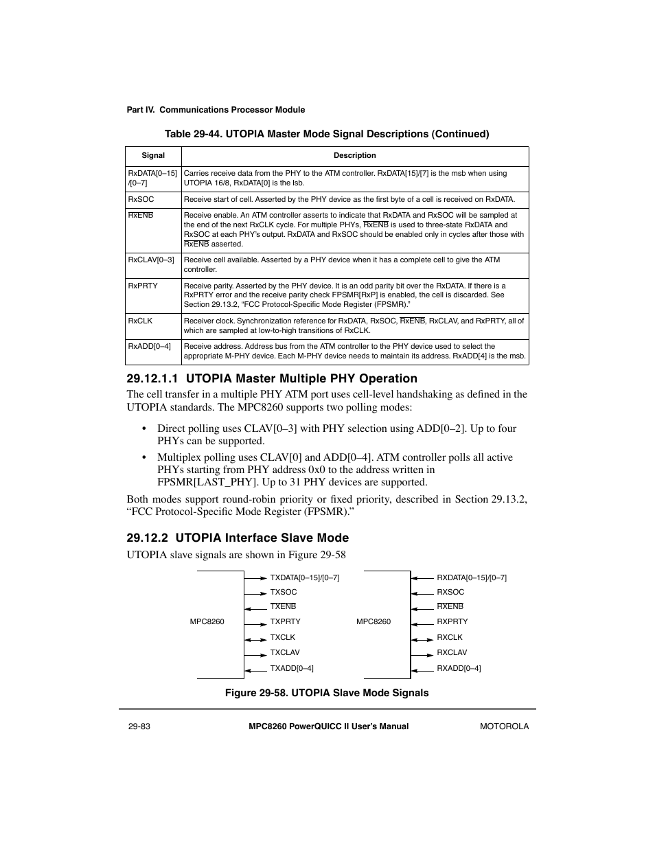 1 utopia master multiple phy operation, 2 utopia interface slave mode, Utopia master multiple phy operation -83 | Utopia interface slave mode -83, Utopia slave mode signals -83, Utopia slave signals are sho wn in figure 29-58 | Motorola MPC8260 User Manual | Page 863 / 1006