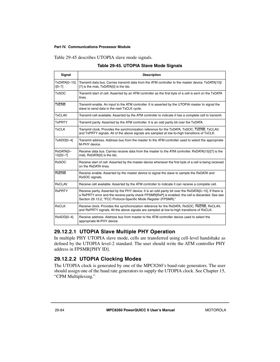 1 utopia slave multiple phy operation, 2 utopia clocking modes, Utopia slave multiple phy operation -84 | Utopia clocking modes -84, Utopia slave mode signals -84, Table 29-45 describes ut opia slave mode signals | Motorola MPC8260 User Manual | Page 864 / 1006