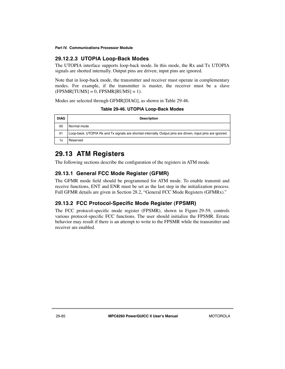 3 utopia loop-back modes, 13 atm registers, 1 general fcc mode register (gfmr) | 2 fcc protocol-specific mode register (fpsmr), Utopia loop-back modes -85, Atm registers -85, General fcc mode register (gfmr) -85, Fcc protocol-specific mode register (fpsmr) -85, 2/29-85 (a | Motorola MPC8260 User Manual | Page 865 / 1006