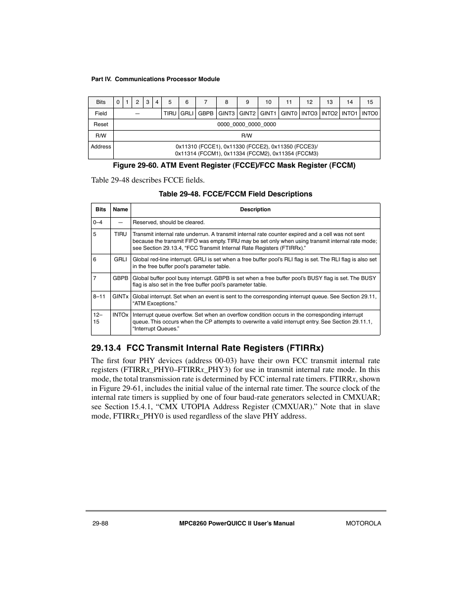 4 fcc transmit internal rate registers (ftirrx), Fcc transmit internal rate registers (ftirrx) -88, Fcce/fccm field descriptions -88 | 4/29-88 (a, 4 fcc transmit internal rate registers (ftirr x ), Table 29-48 describes fcce þelds | Motorola MPC8260 User Manual | Page 868 / 1006