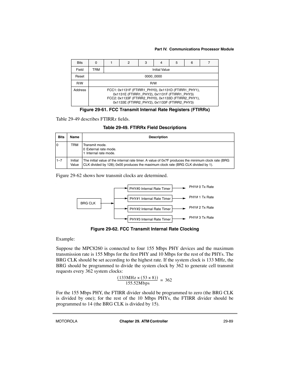 Fcc transmit internal rate clocking -89, Fcc transmit internal rate registers (ftirrx) -89, Ftirrx field descriptions -89 | In figure 29-61, includes the initial v | Motorola MPC8260 User Manual | Page 869 / 1006