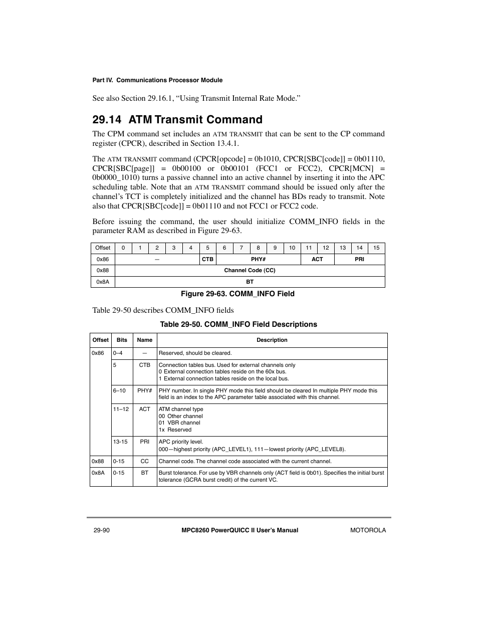 14 atm transmit command, Atm transmit command -90, Comm_info field -90 | Comm_info field descriptions -90, See section 29.14, òatm transmit command, Command; see section 29.14, òatm transmit command, The cpm command set includes an | Motorola MPC8260 User Manual | Page 870 / 1006