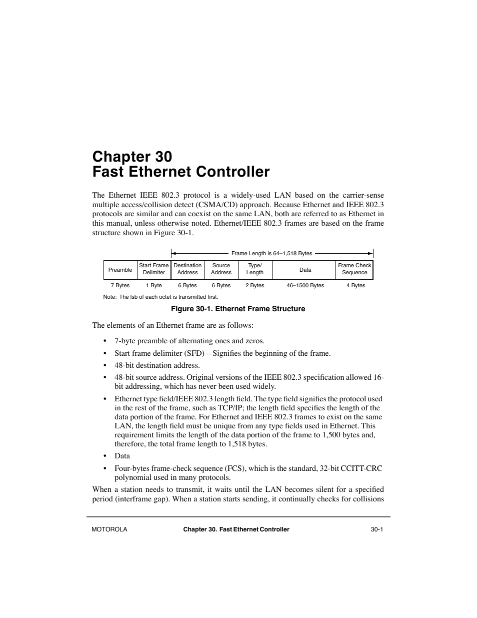 Chapter30 fast ethernet controller, Chapter 30, Fast ethernet controller | Ethernet frame structure -1, Chapter 30, òfast ethernet controller, Ó chapter 30, òfast ethernet controller, Chapter 30 fast ethernet controller | Motorola MPC8260 User Manual | Page 875 / 1006