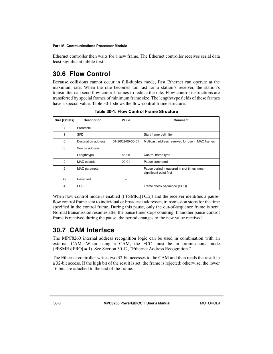 6 flow control, 7 cam interface, Flow control -8 | Cam interface -8, Flow control frame structure -8 | Motorola MPC8260 User Manual | Page 882 / 1006